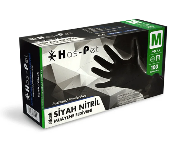 Has-Pet Eldiven Siyah Nitril M Medium Orta Boy  (Kutu - 100 Adet) 